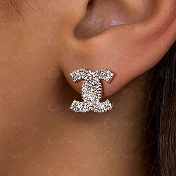 S925 Moissanite Double C Design Micro Pave Stud Earrings - Fierylee Made