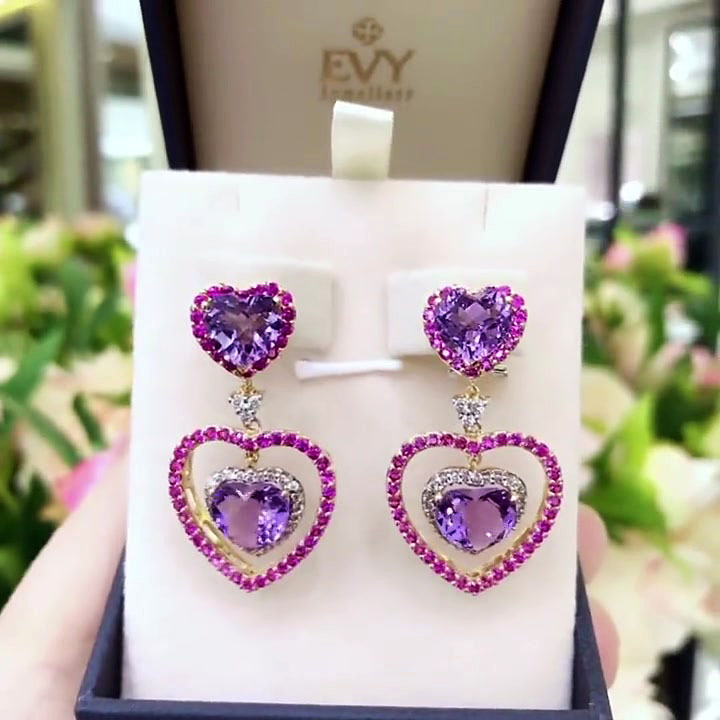 Heart Cut Amethyst Sapphire Drop Earrings