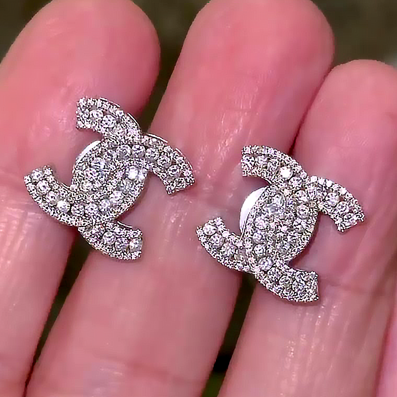 S925 Moissanite Double C Design Micro Pave Stud Earrings - Fierylee Made