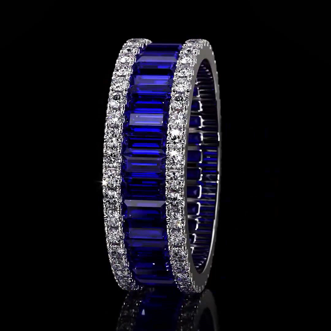 6.25ct Emerald Cut Blue Sapphire Eternity Ring - Fierylee Made