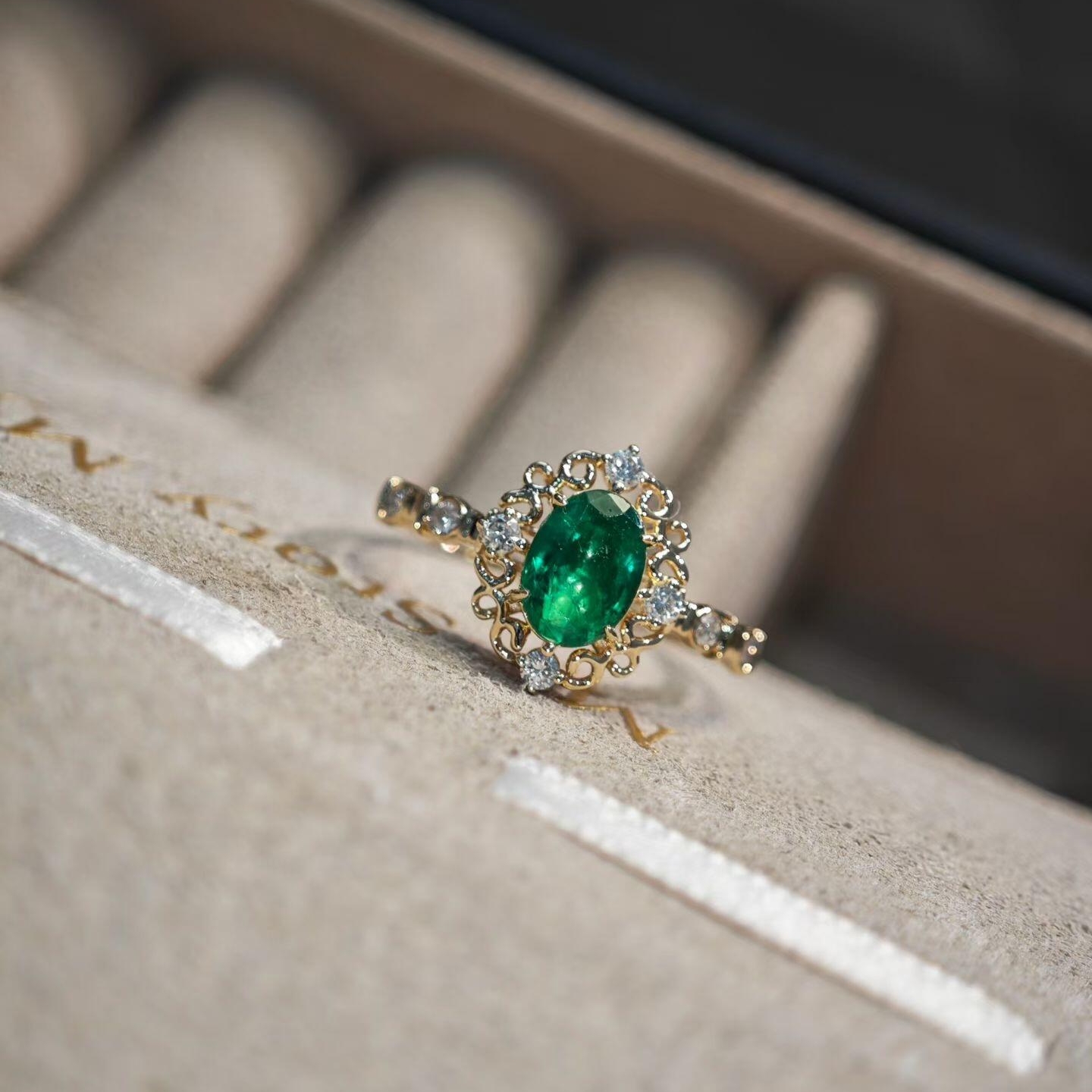 2ct Oval Cut Victorian Vine Emerald Scroll Ring