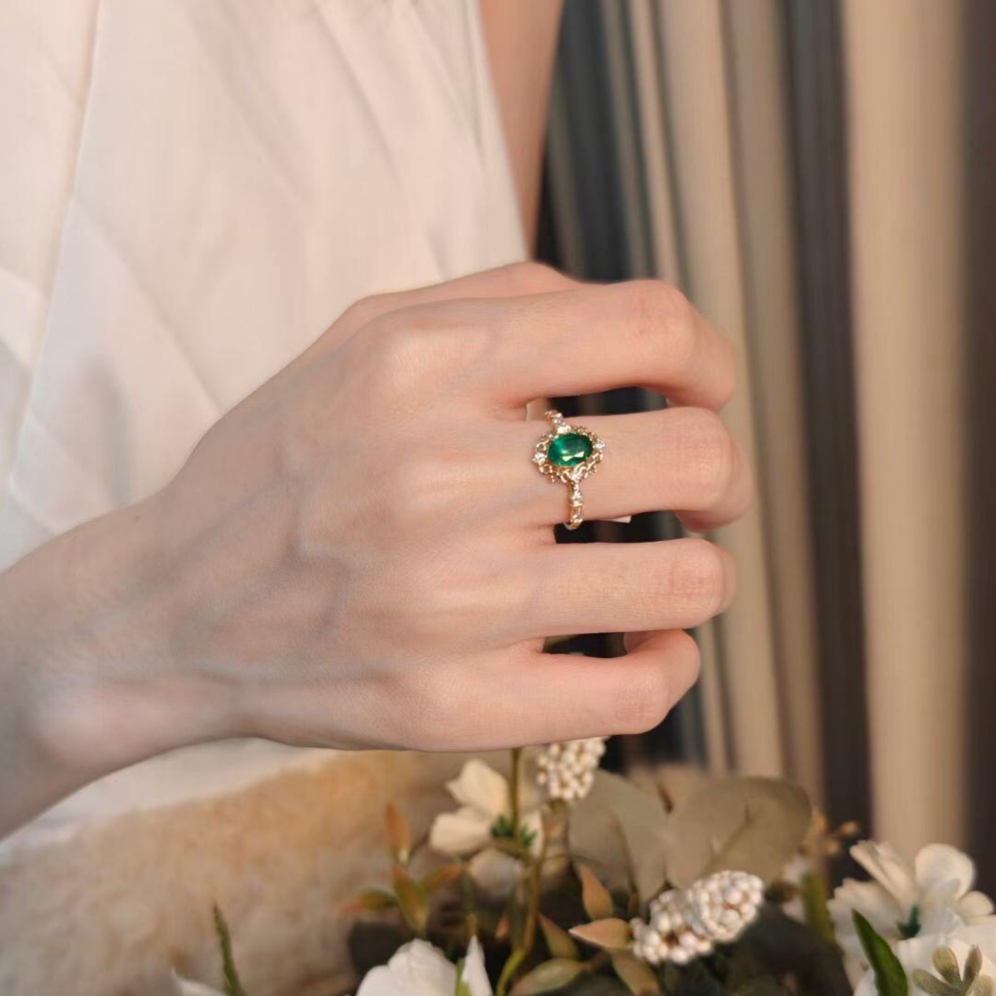 2ct Oval Cut Victorian Vine Emerald Scroll Ring