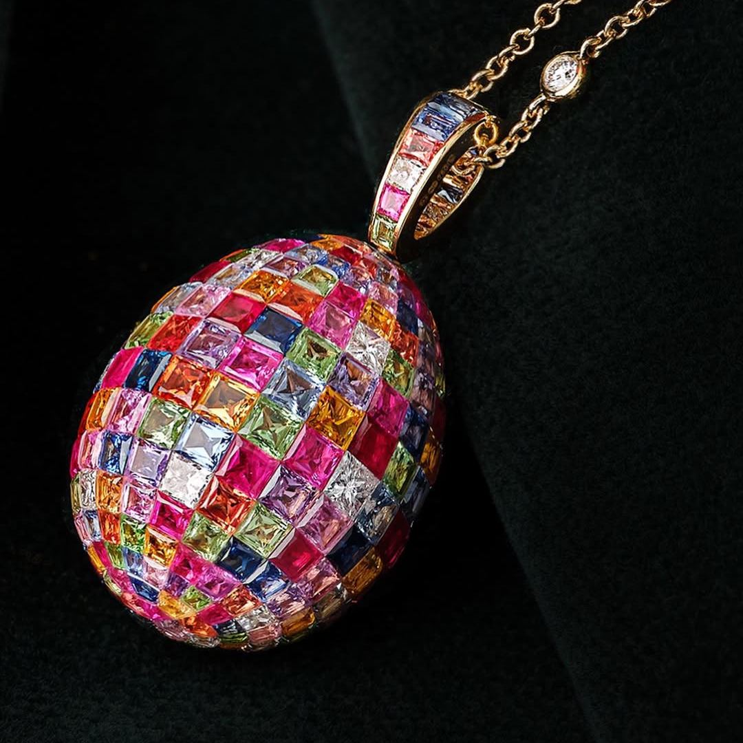 Invisible Setting Princess Cut Rainbow Egg Pendant Necklace