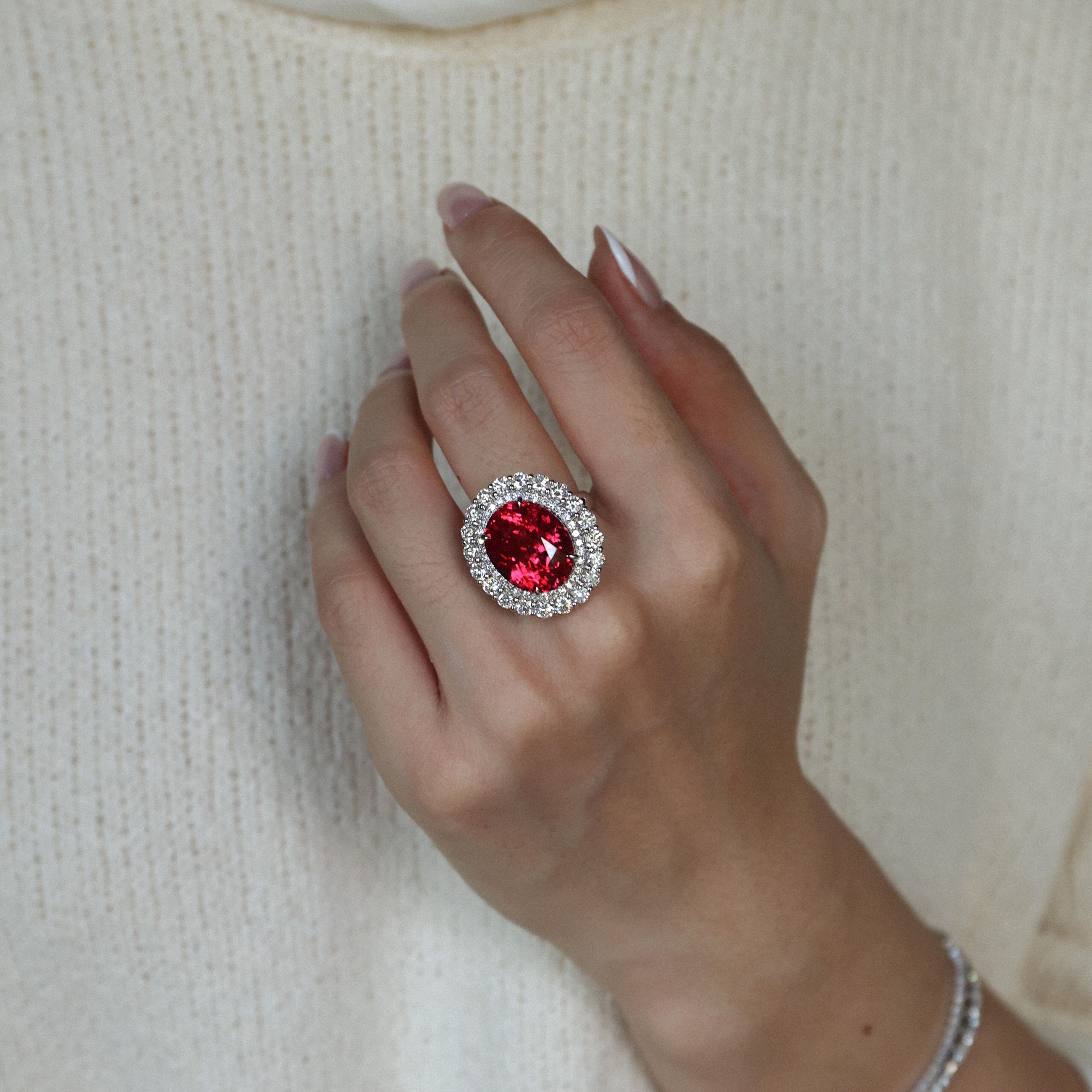 Vivid Red Ruby Oval Cut Double Halo Ring