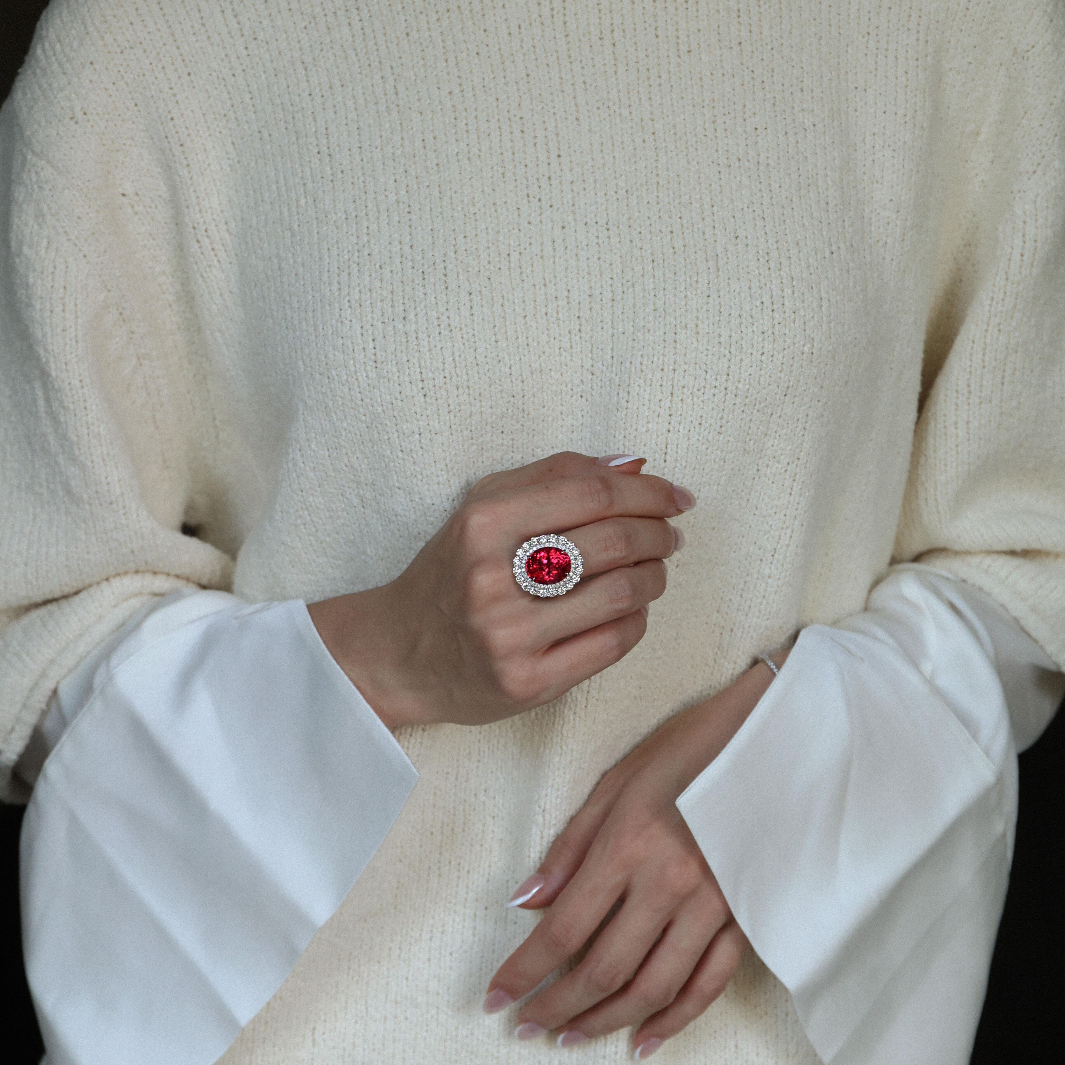 Vivid Red Ruby Oval Cut Double Halo Ring