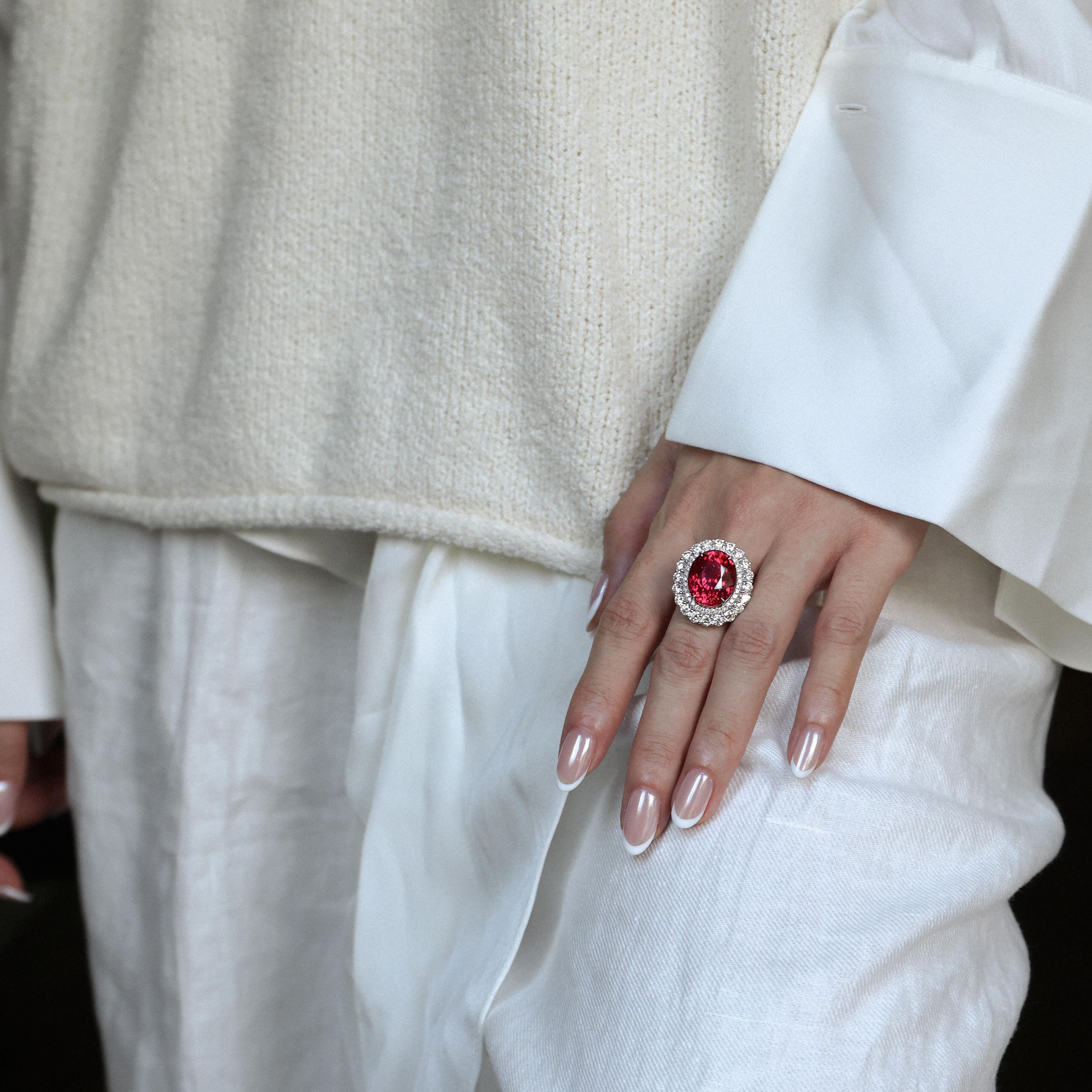 Vivid Red Ruby Oval Cut Double Halo Ring