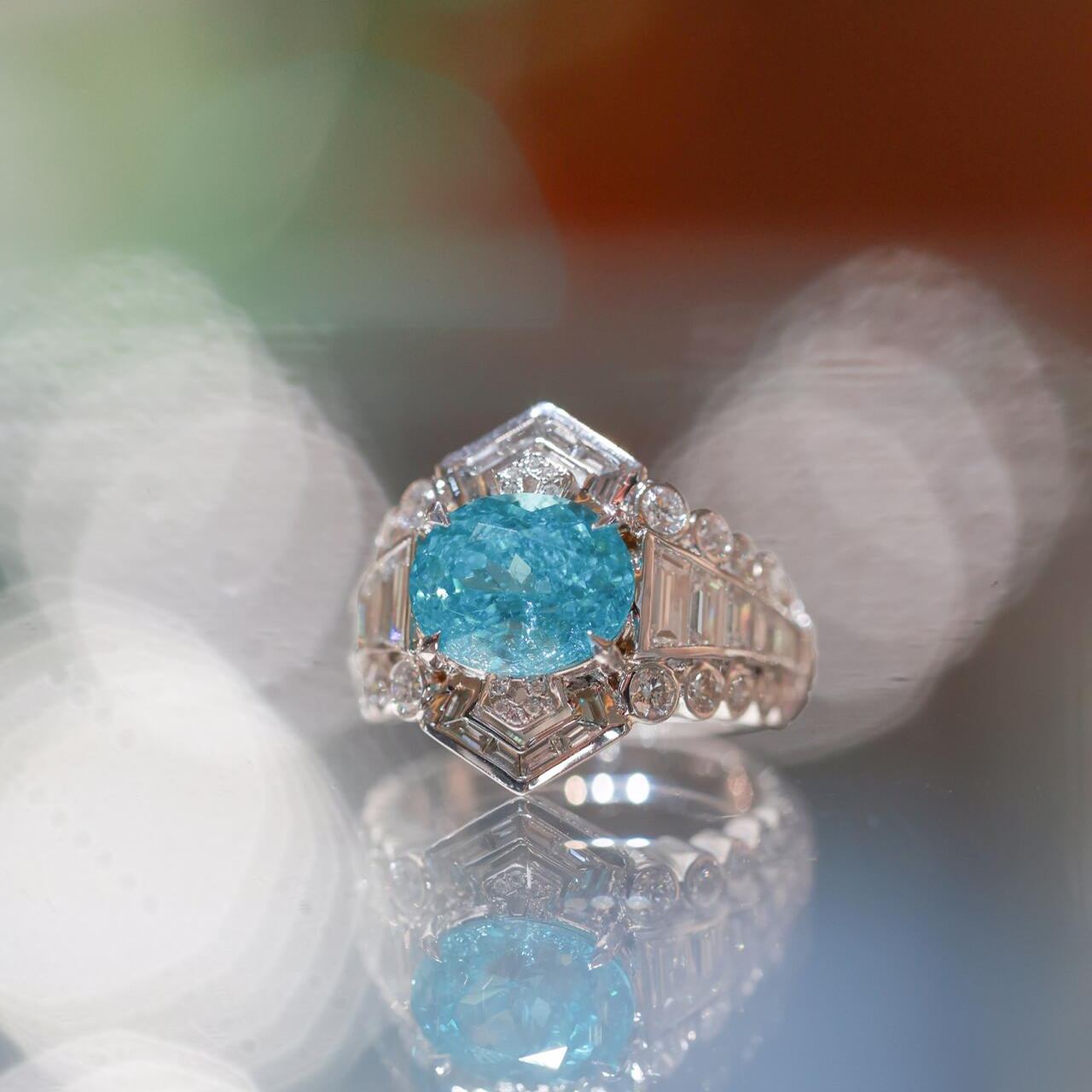 [Copy]Neon Blue Paraiba Oval Cut Double Halo Statement Ring