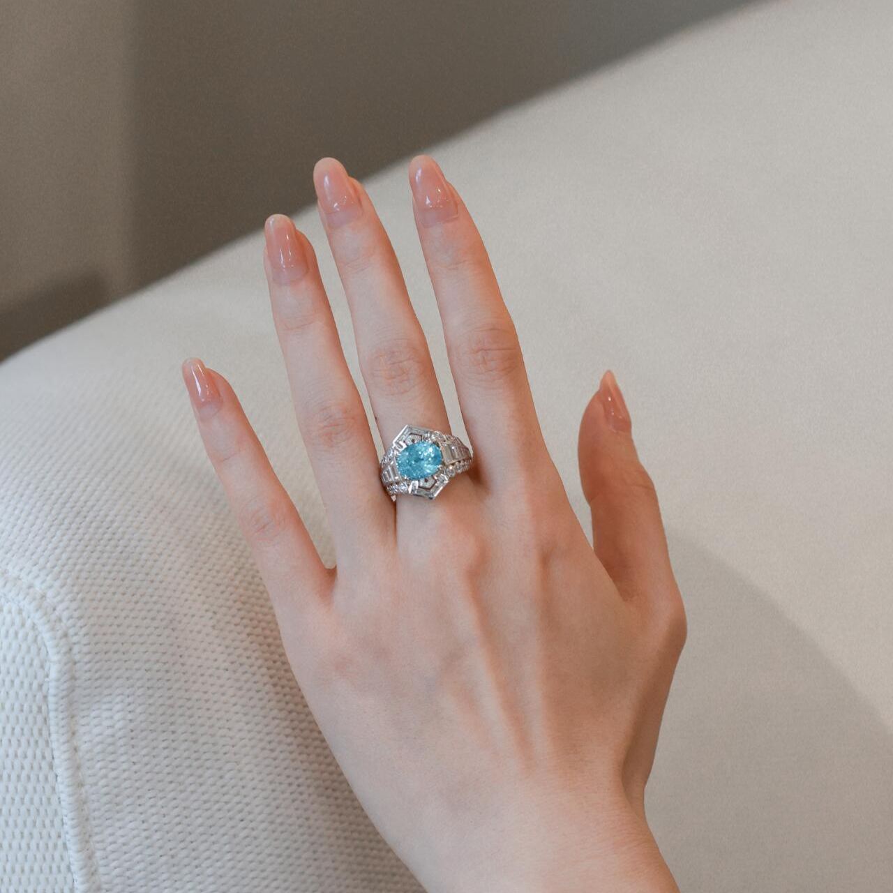 [Copy]Neon Blue Paraiba Oval Cut Double Halo Statement Ring