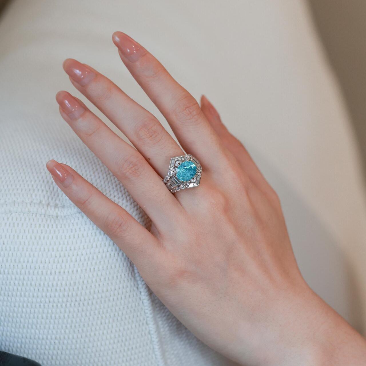 [Copy]Neon Blue Paraiba Oval Cut Double Halo Statement Ring