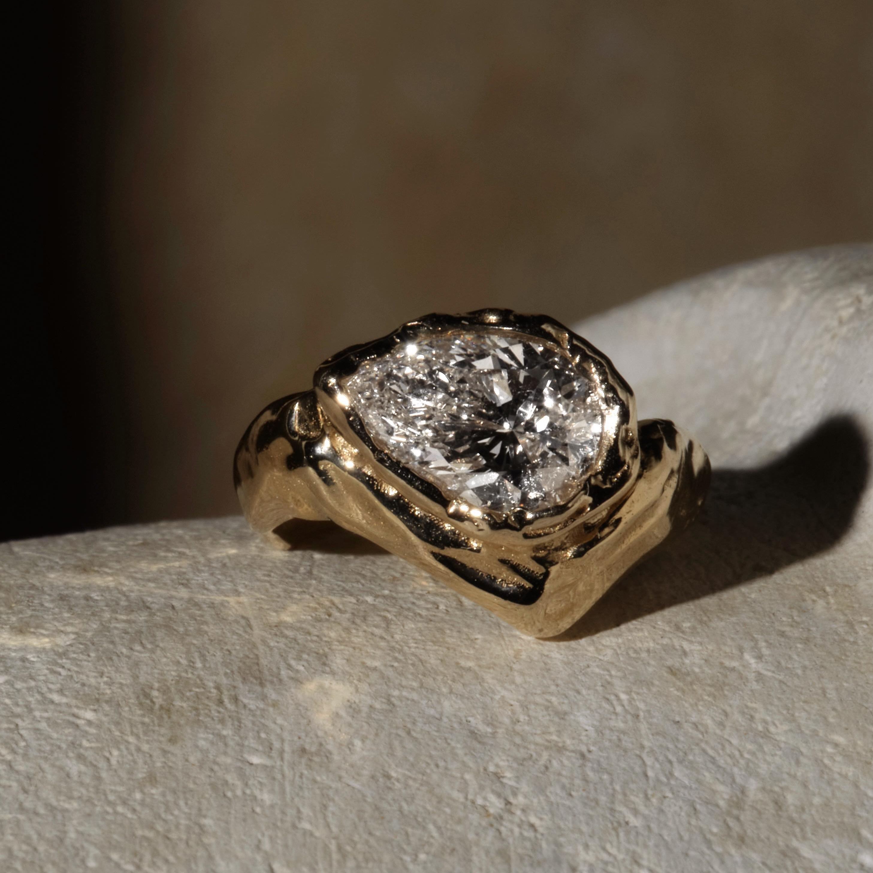 Raw-Refined: Torqued Pear-Cut Diamond Stacking Ring Set