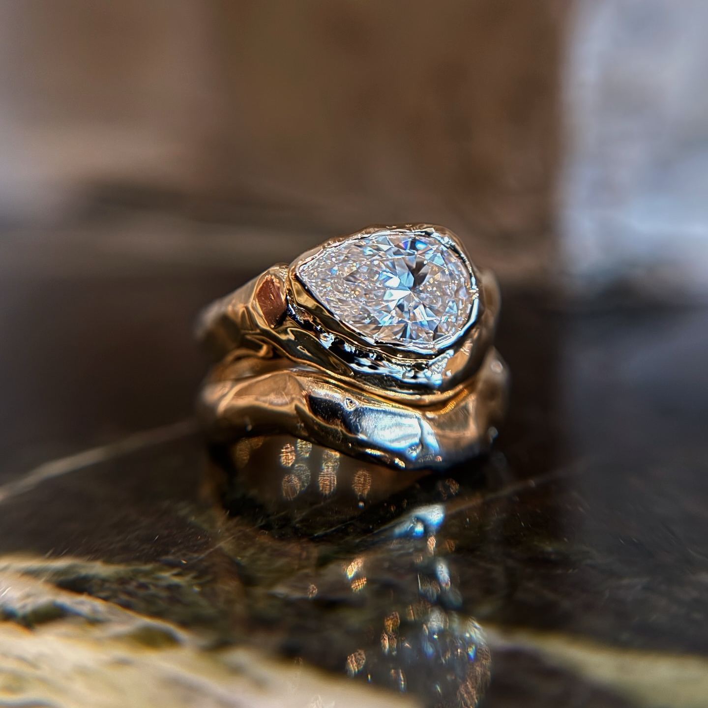 Raw-Refined: Torqued Pear-Cut Diamond Stacking Ring Set