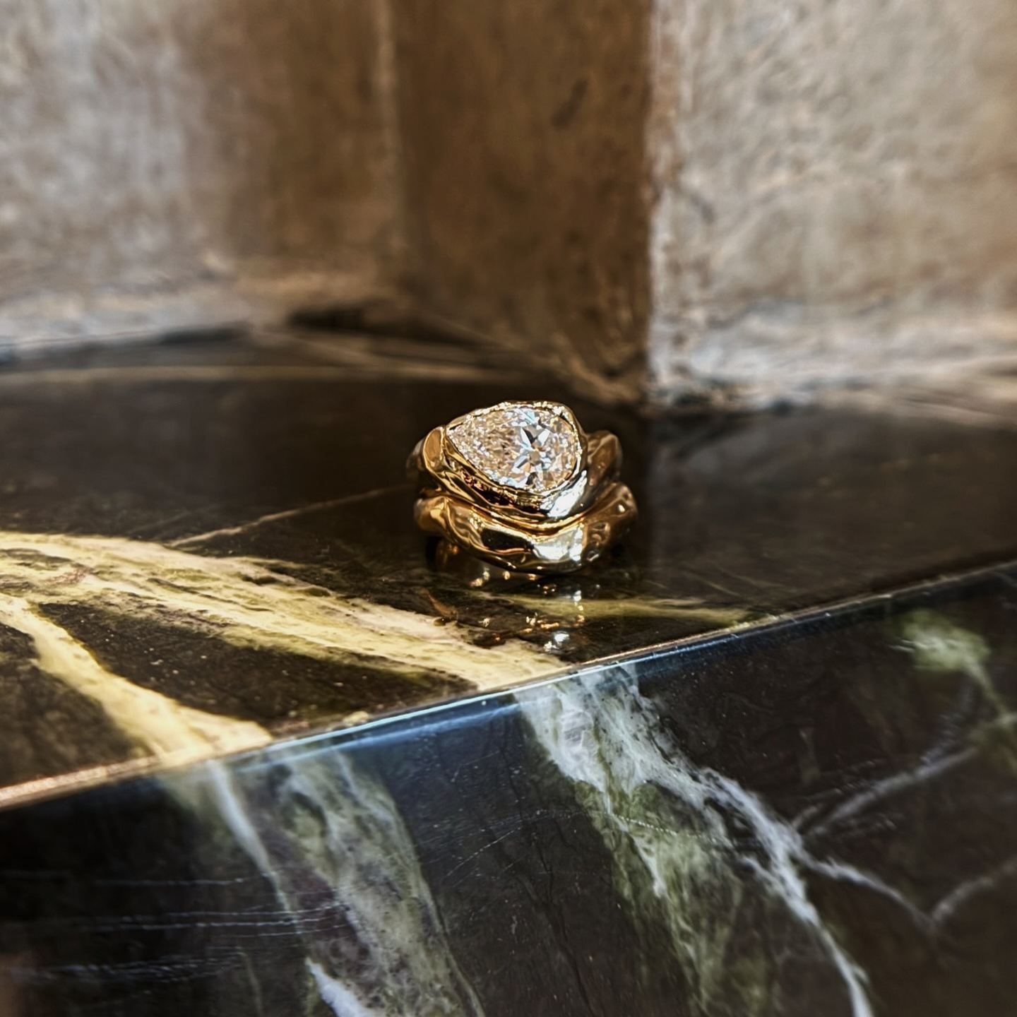 Raw-Refined: Torqued Pear-Cut Diamond Stacking Ring Set