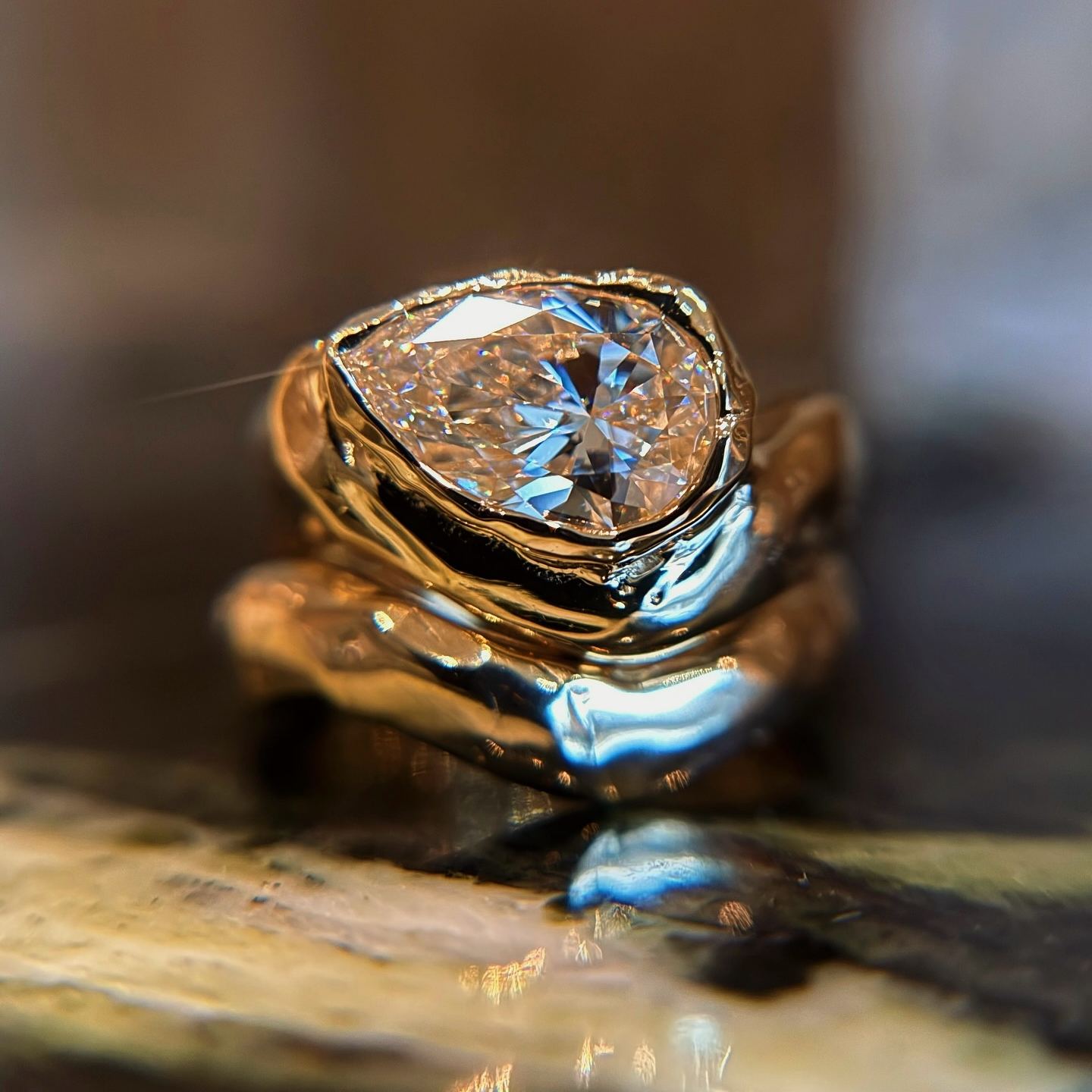 Raw-Refined: Torqued Pear-Cut Diamond Stacking Ring Set