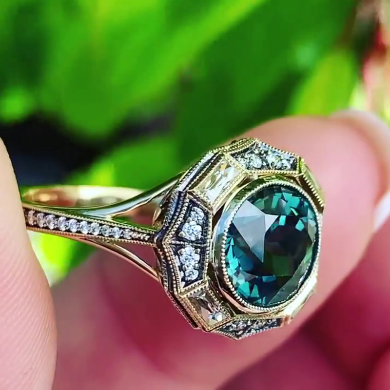 Vintage Octagonal 4ct Round Cut Teal Sapphire Statement Ring - Fierylee Made