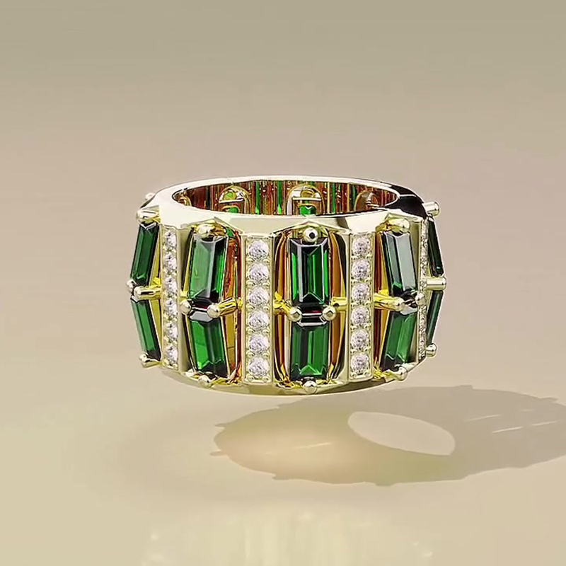 Baguette Emerald & White Sapphire Wide Band Statement Men's Ring