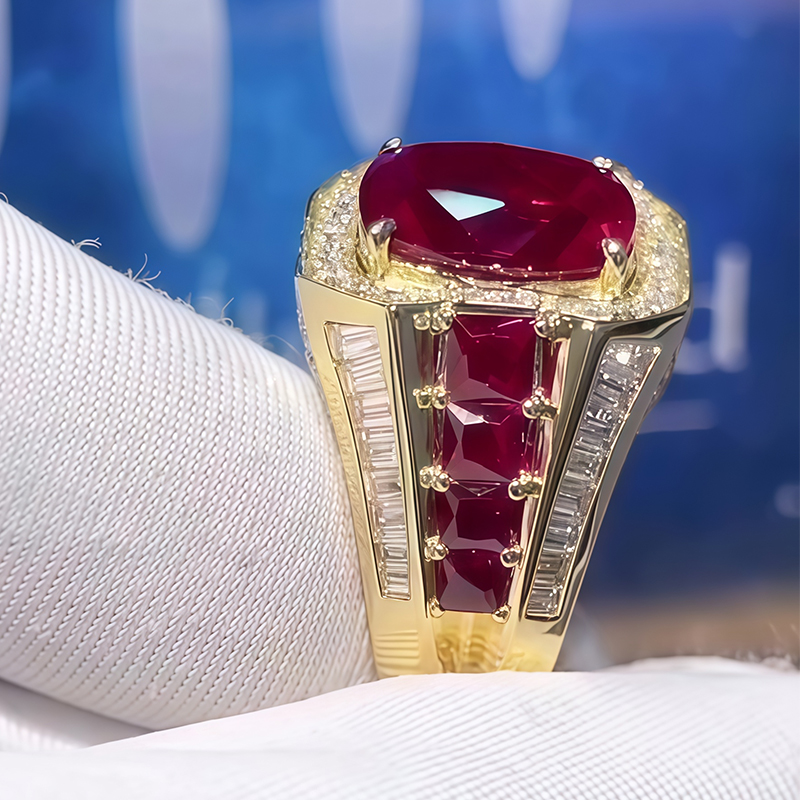 Cushion Cut Ruby & Multi-Cut White Sapphire Men's Ring