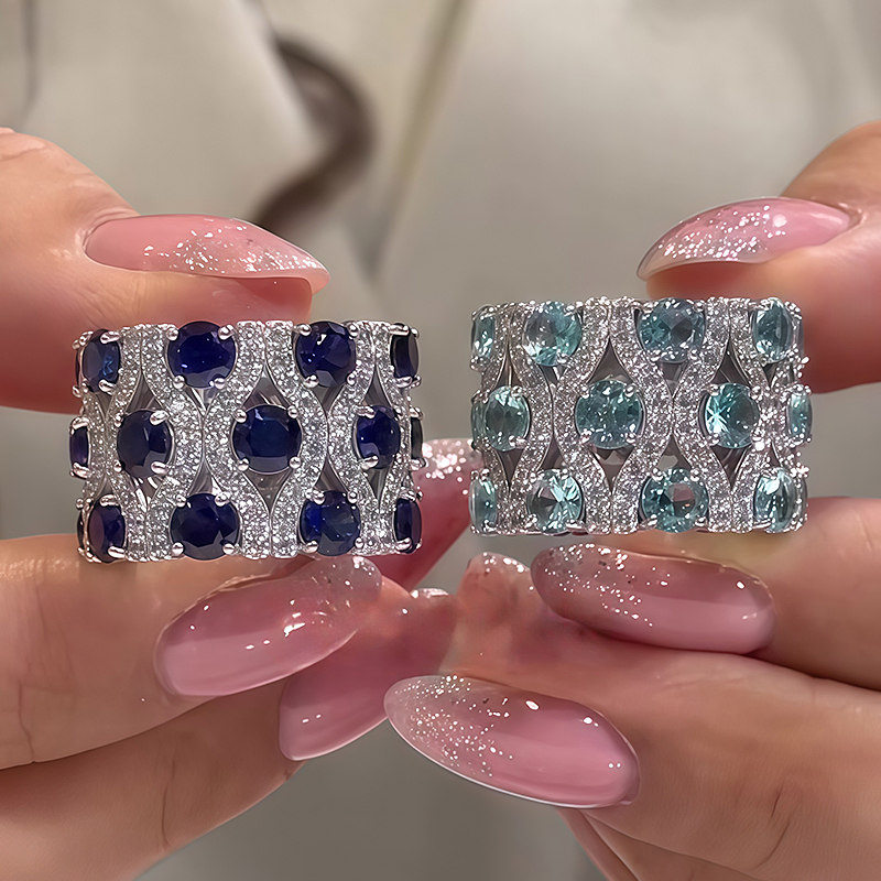 Grid Pattern Multi-Color Sapphire Round Cut Wide Wedding Band