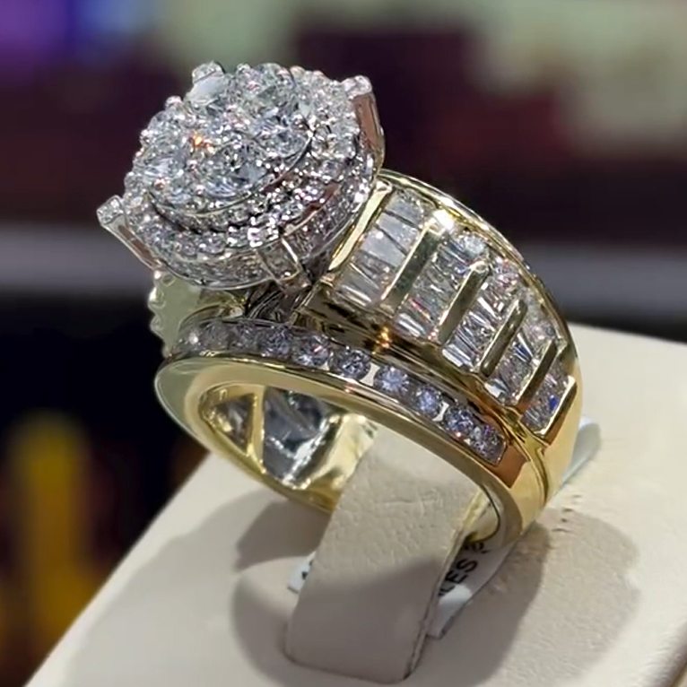 Luxury 4 ctw Round & Trapezoidal Cut White Gemstone Pavé Engagement Ring