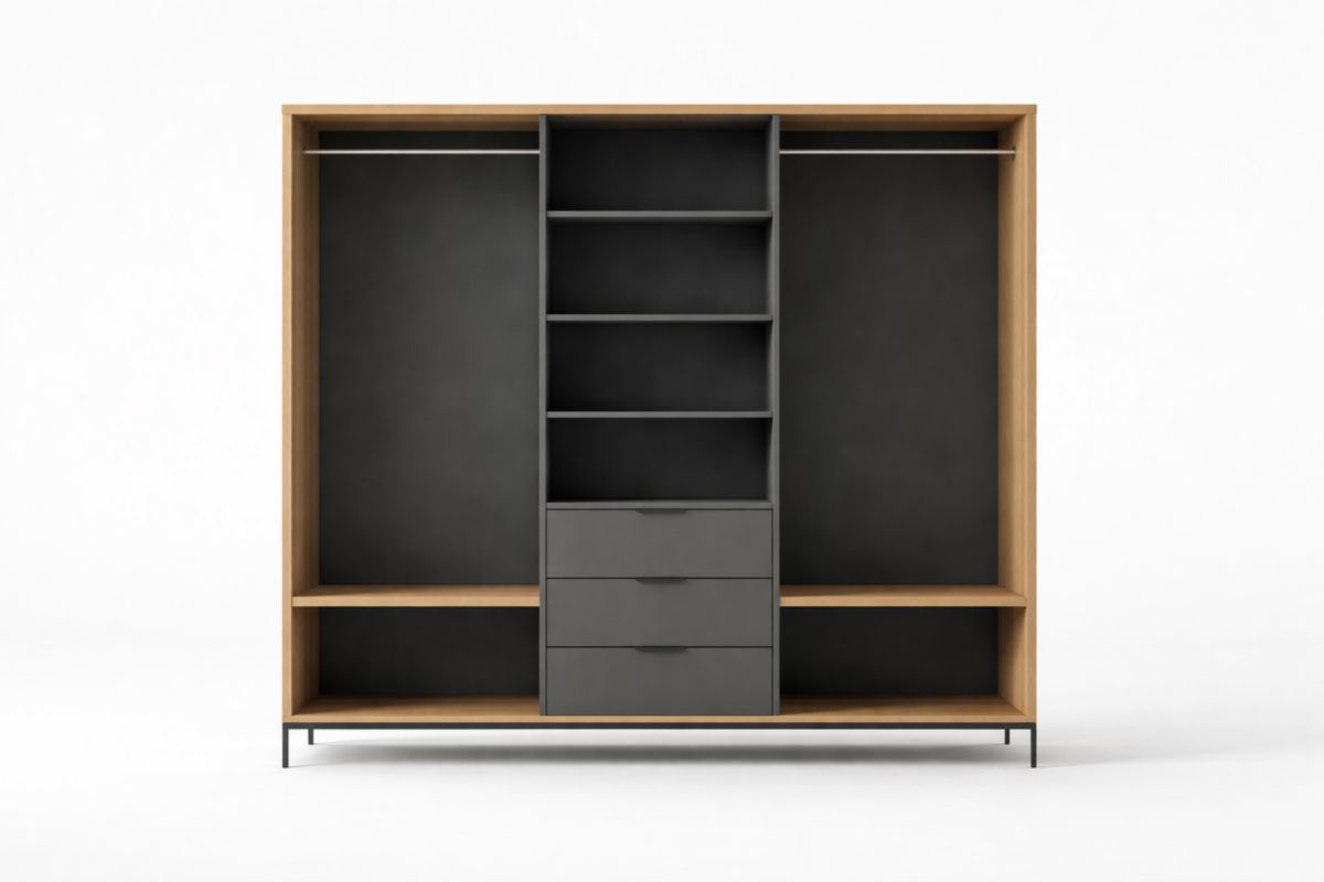 Offener Kleiderschrank mit Schubladen und Regalböden aus MDF und Stahl Schwarz