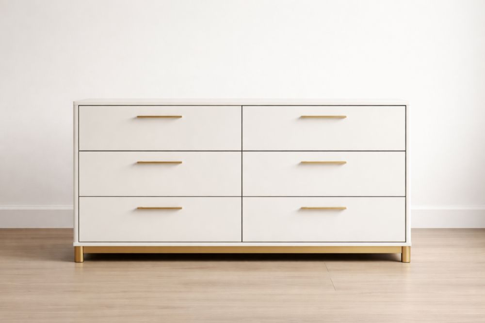 Weiße Kommode mit 6 Schubladen aus MDF und Holz, Goldfarbe