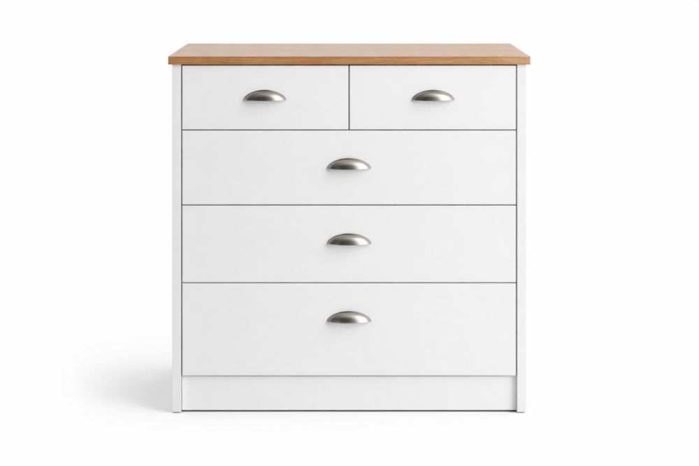 Weiße Kommode mit 5 Schubladen, MDF-Oberfläche, H 90 cm, B 80 cm, T 40 cm