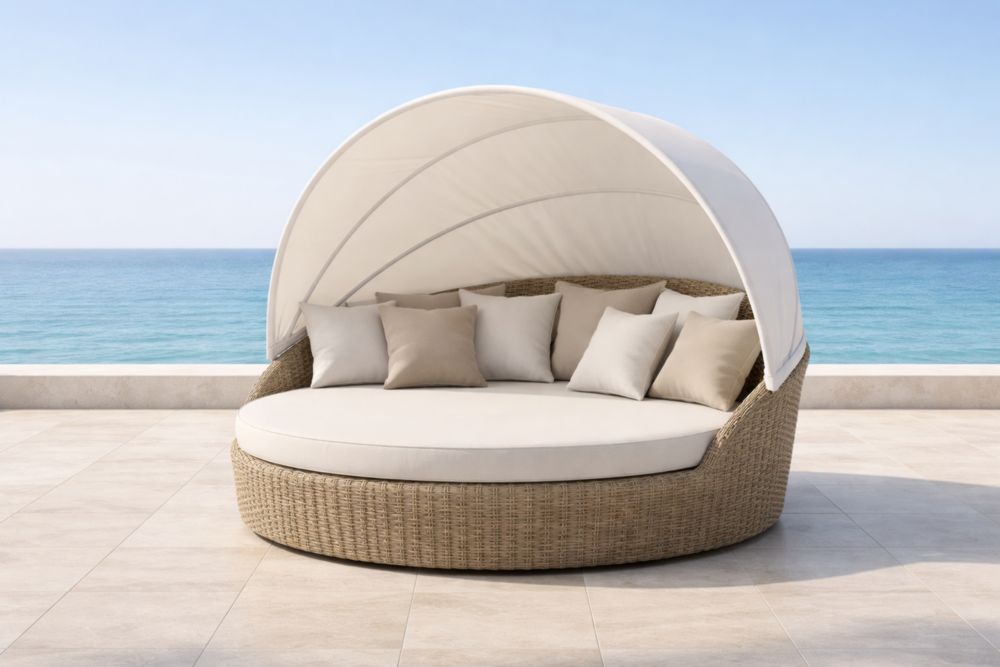 Rattan-Gartenbett mit Baldachin, rund, Beige