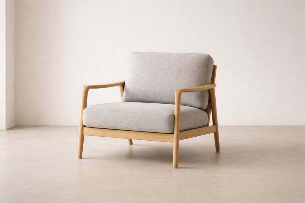 Sessel mit Eichenrahmen und Polyesterbezug Beige