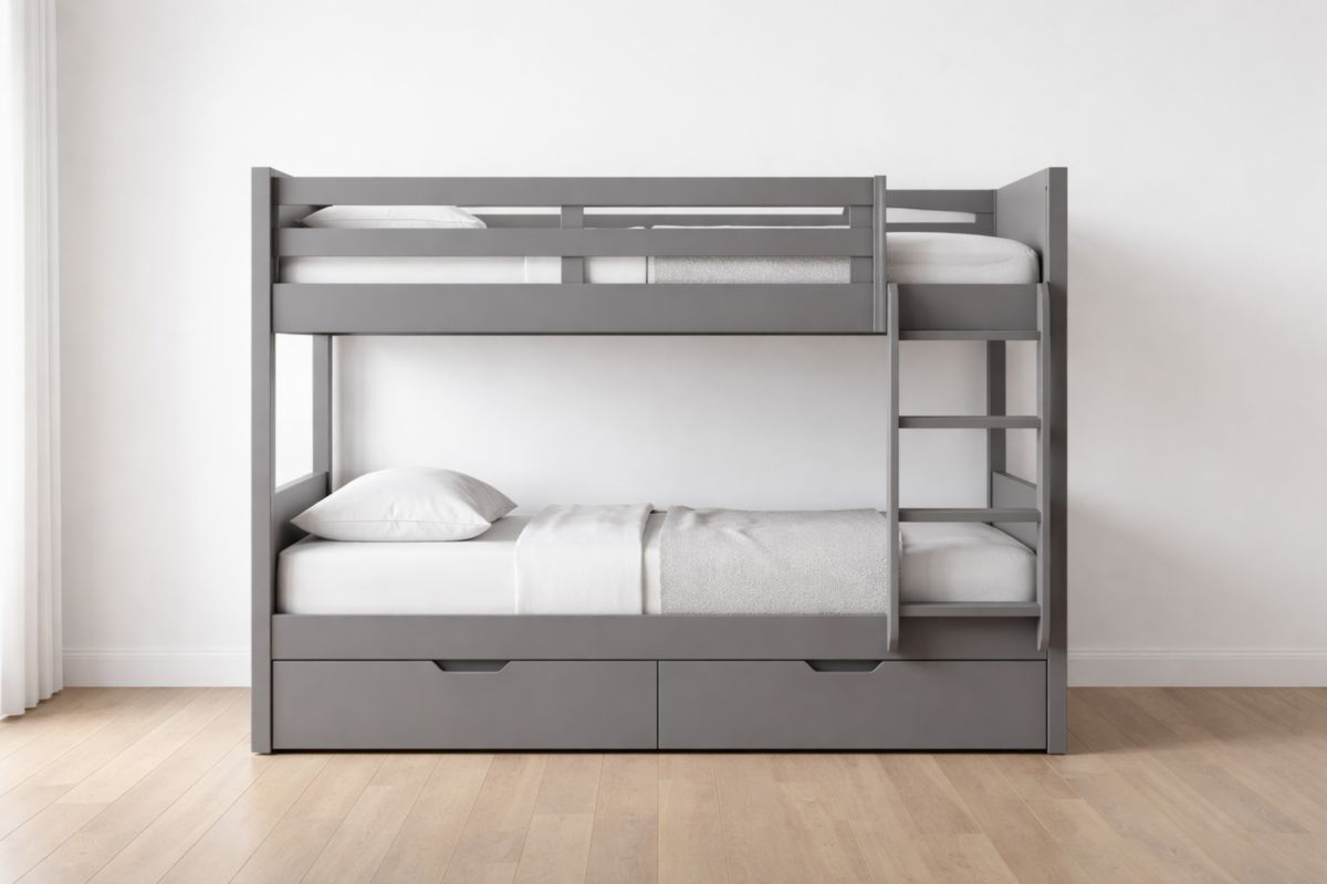 Etagenbett Massivholz Grau mit Leiter und Schubladen