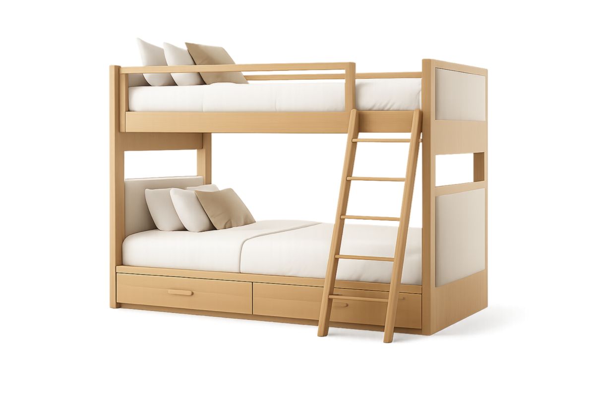 Etagenbett aus Massivholz mit Matratzen und integriertem Stauraum