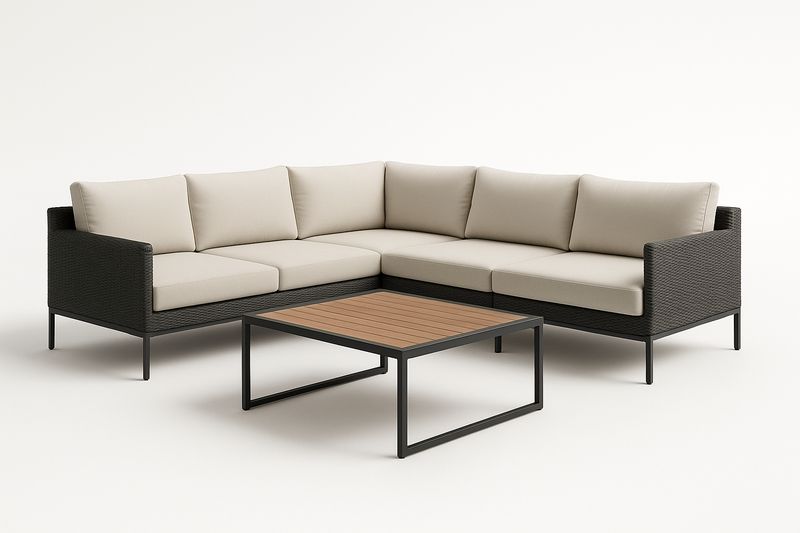 Garten Ecksofa Set L-Form Aluminium Polyethylengeflecht Tisch Holzplatte Beige/Schwarz