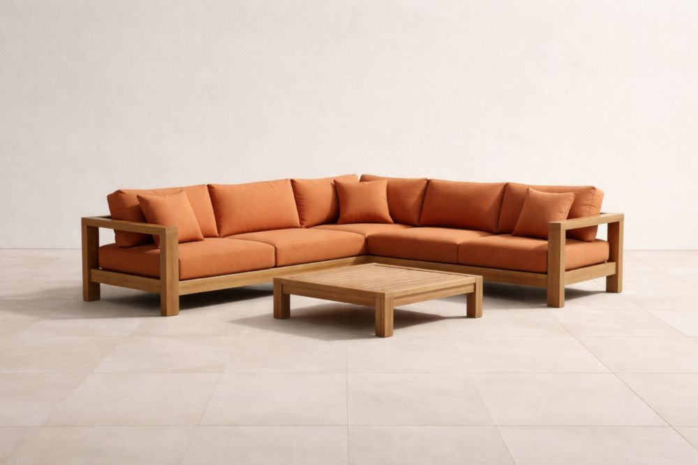 Ecksofa Teakholz mit Kaffeetisch und Polyesterkissen Orange