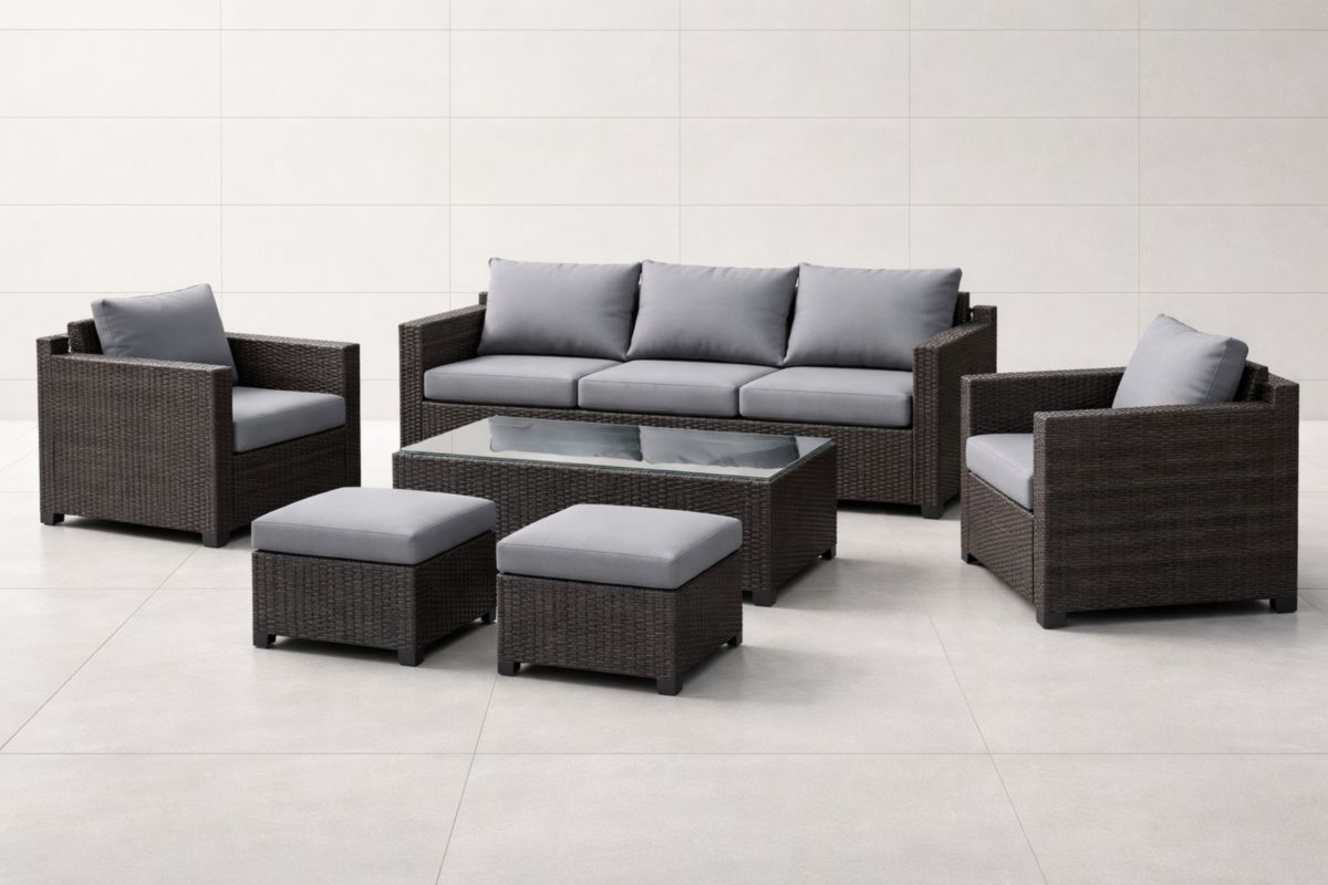 Rattan Gartenmöbel-Set mit Stahlrahmen und Stahlglas Tischplatte und Polyurethanschaum Polsterung