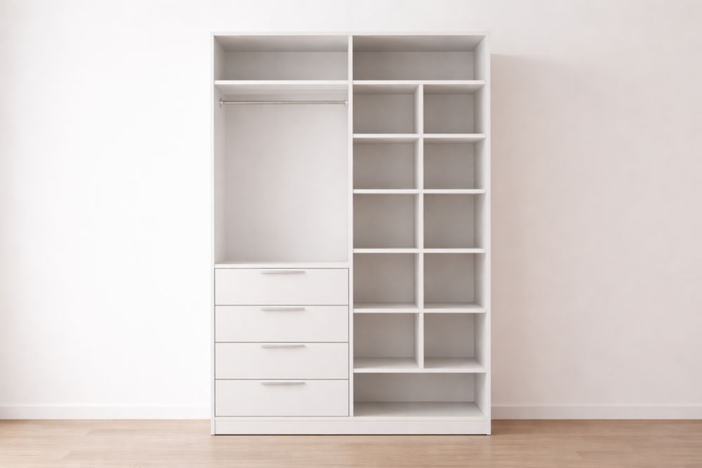 Weißer Holz-Kleiderschrank mit Schubladen und Regalen 200x150x50 cm