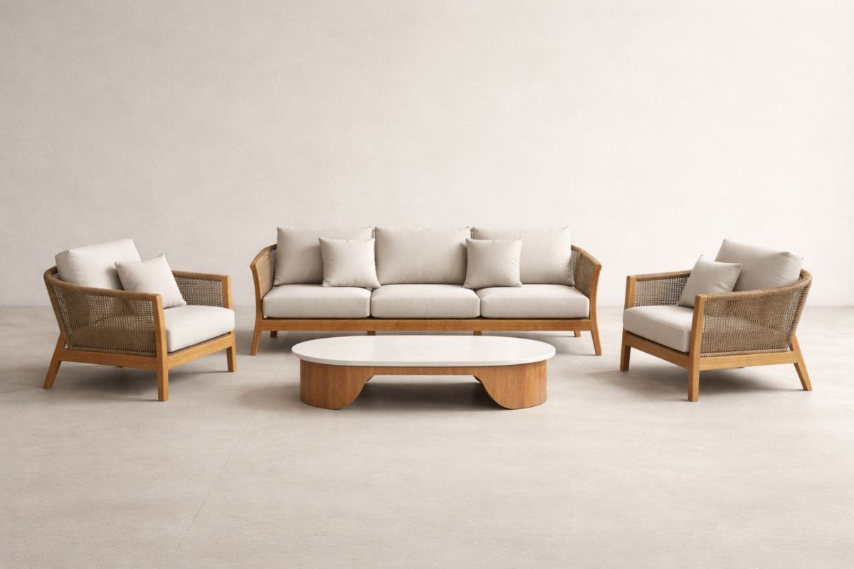 Gartenmöbel-Set mit Holzrahmen und Stoffkissen Beige