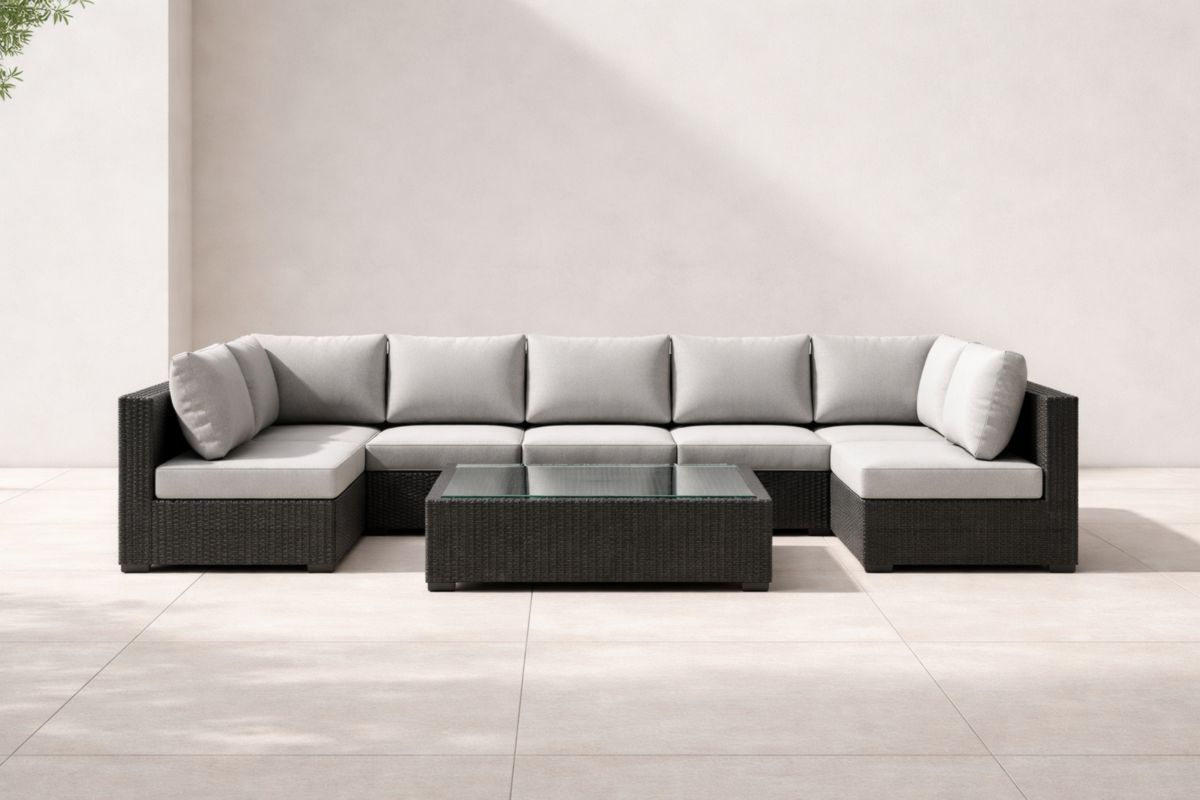 Gartenmöbelset Polyethylengeflecht mit Glasplatte Schwarz Grau