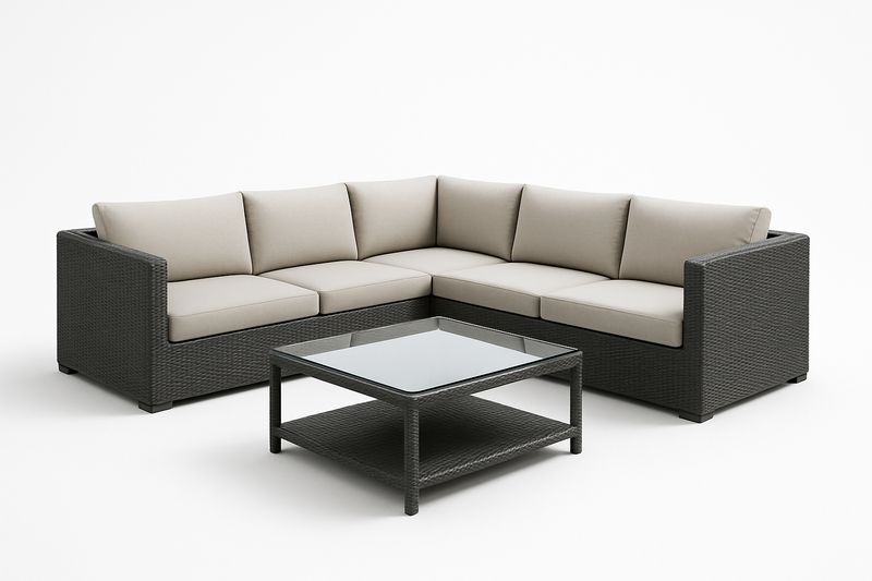 Gartensofa-Set L-Form Rattan Glas Couchtisch Grau Beige