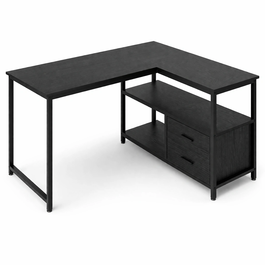 Escritorio en L negro con estantes y almacenamiento-livorao