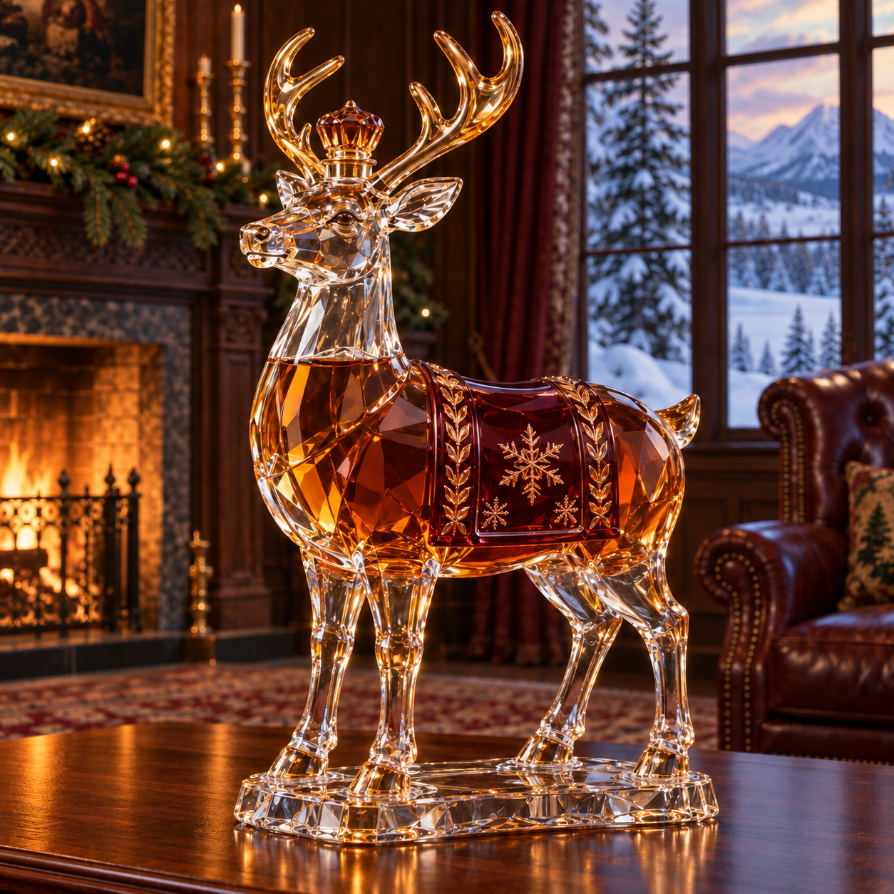 🎄Kaelvorny Royal Snowfield Reindeer Whiskey Decanter 🦌– Crystal Christmas Collector’s Edition