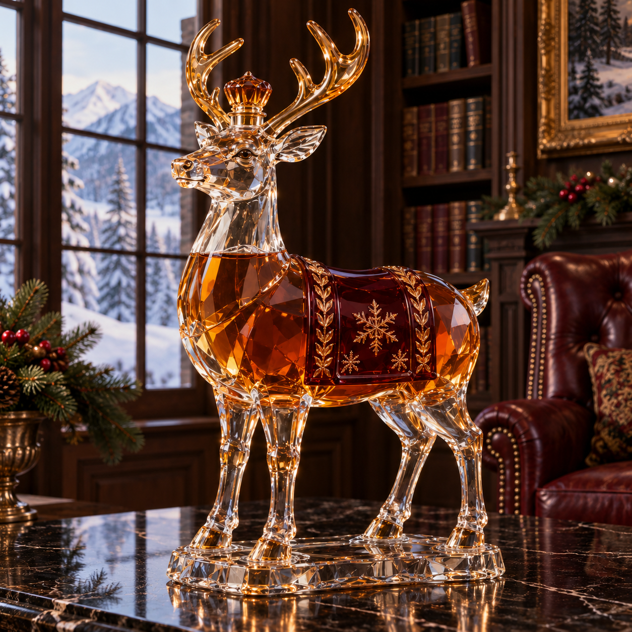 🎄Kaelvorny Royal Snowfield Reindeer Whiskey Decanter 🦌– Crystal Christmas Collector’s Edition