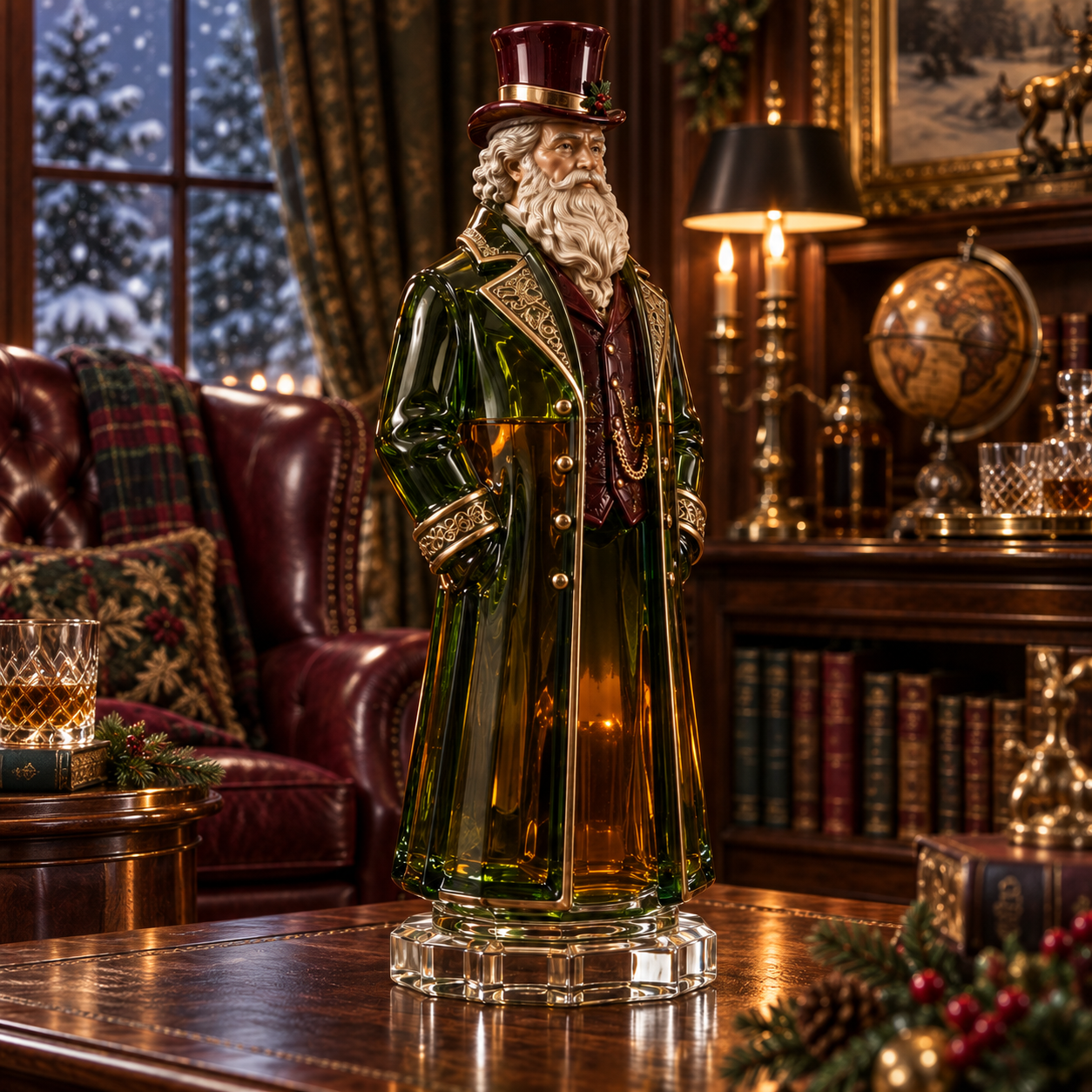 Victorian Father Christmas Whiskey Decanter – Forest Green Crystal Collector’s Edition