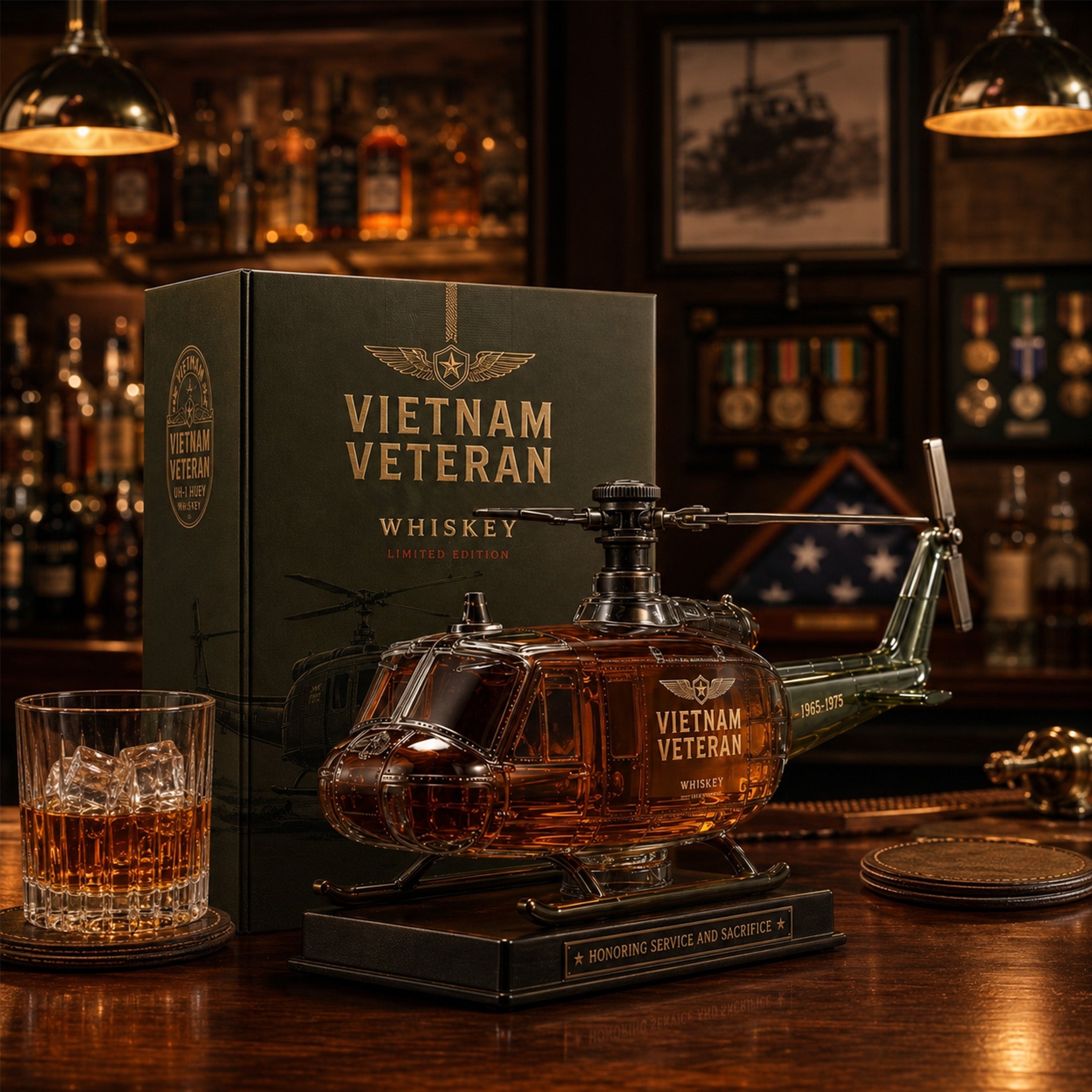 🎖️ Vietnam Veteran Military Helicopter 1965-1975 Whiskey Bottle