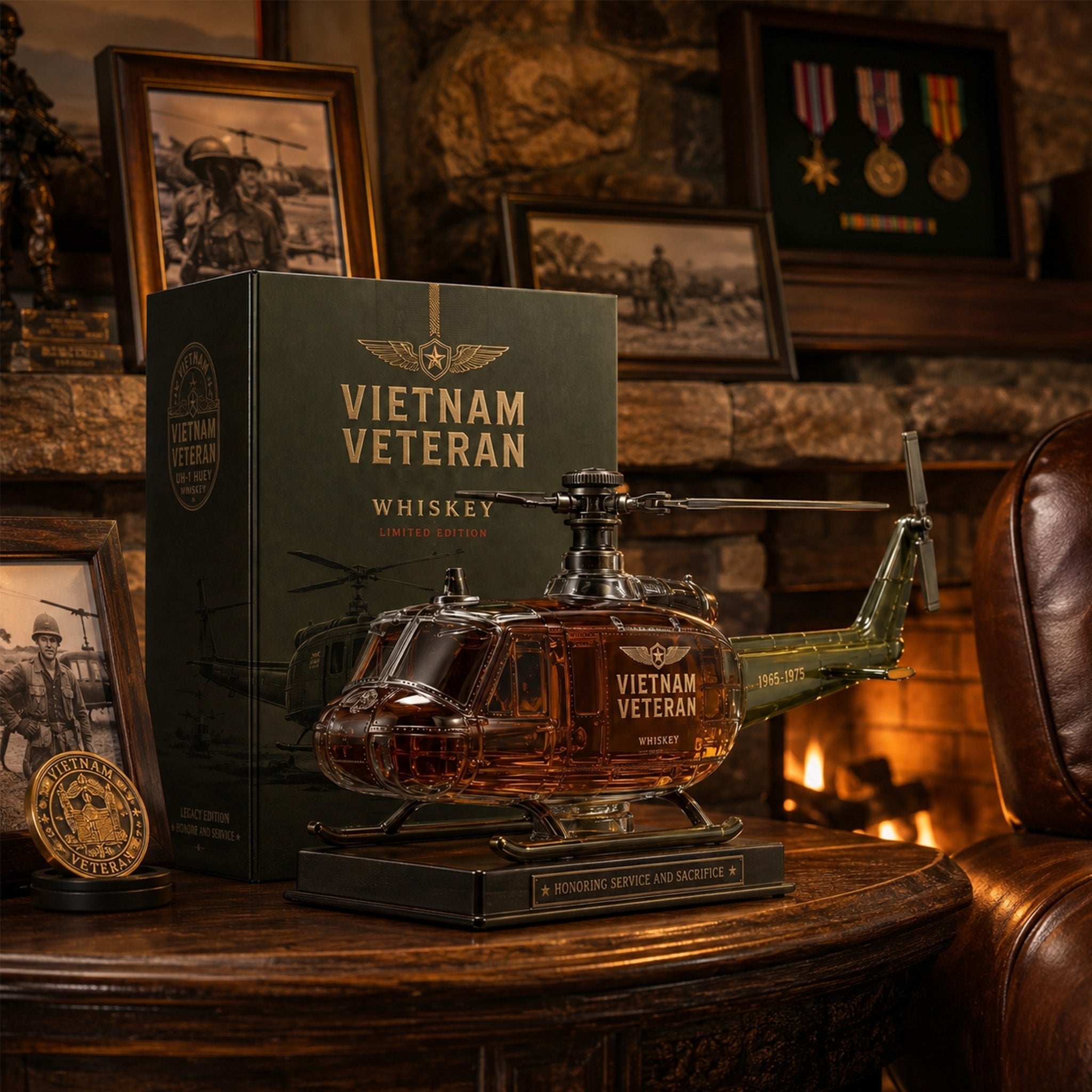 🎖️ Vietnam Veteran Military Helicopter 1965-1975 Whiskey Bottle