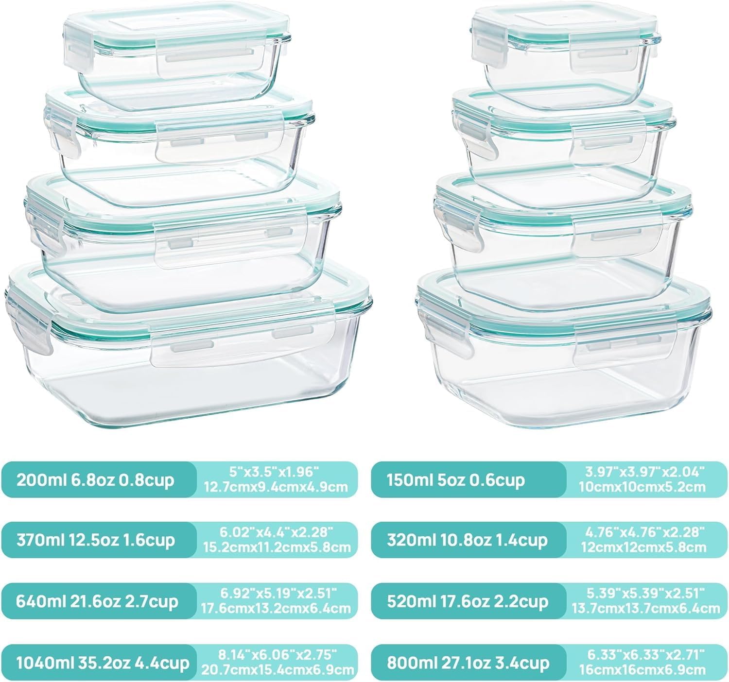 8 Pack Glass Food Storage Containers with Airtight Lids