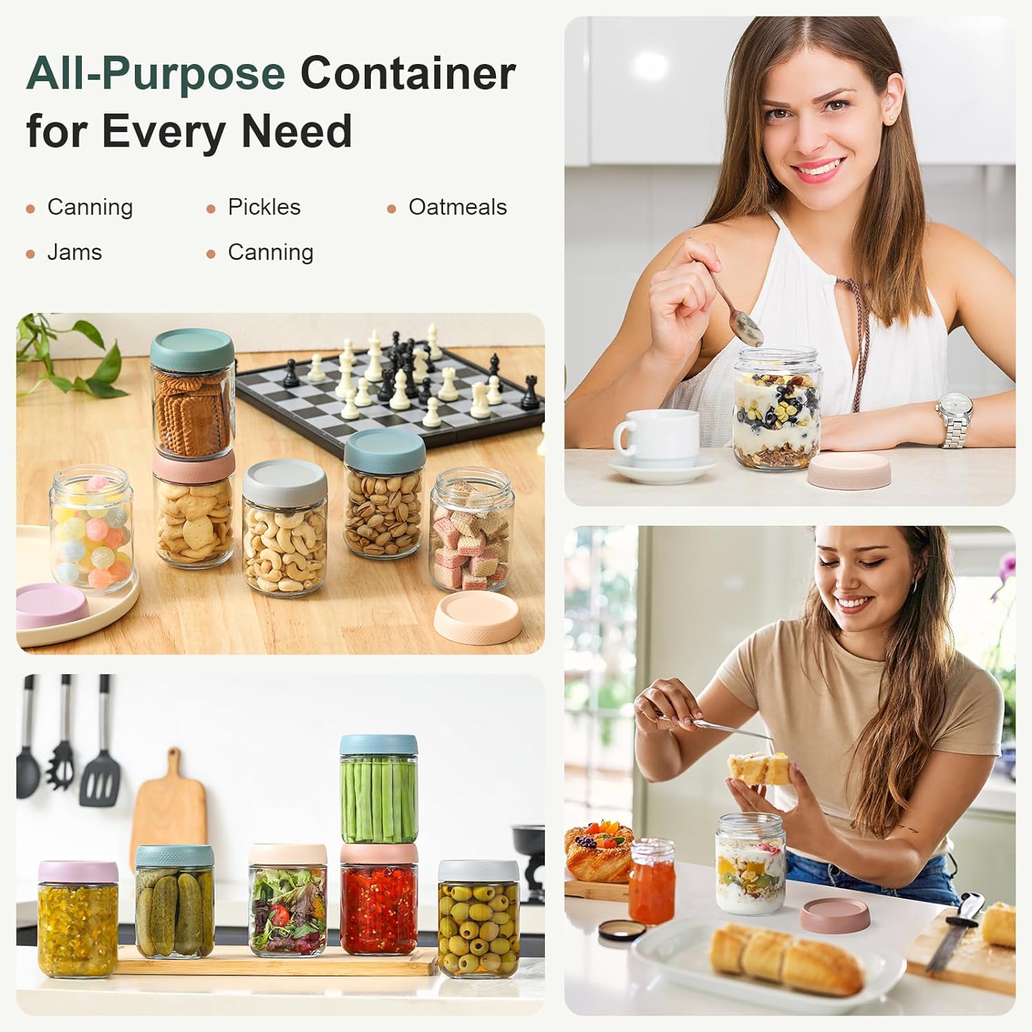 6-pack 16 oz Overnight Oats Containers with Lids, Glass jars with Airtight Lids, Wide mouth Mason Salad jars, Glass Food Storage Containers for Snacks Yogurt Spice Sugar