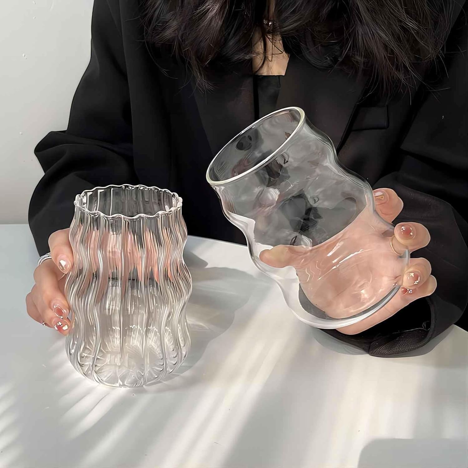 2 Pcs Ribbed Glass Cups