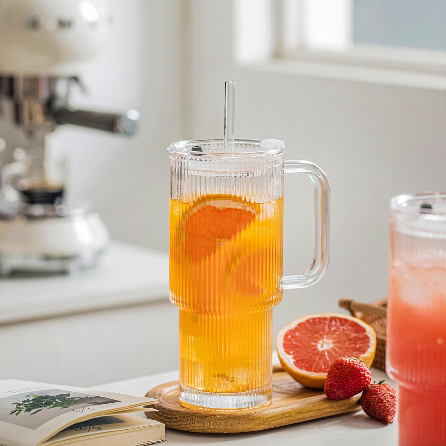 24oz Ribbed Glass Tumbler with Handle & Lid