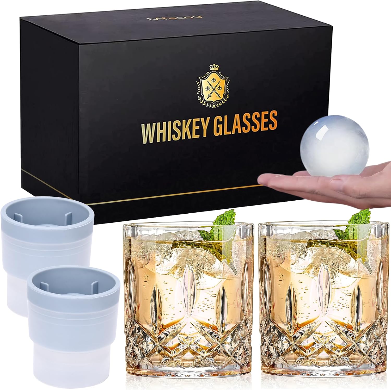 Set of 4 (2 Crystal Bourbon Glasses, 2 Round Big Ice Ball Molds) In Gift Box