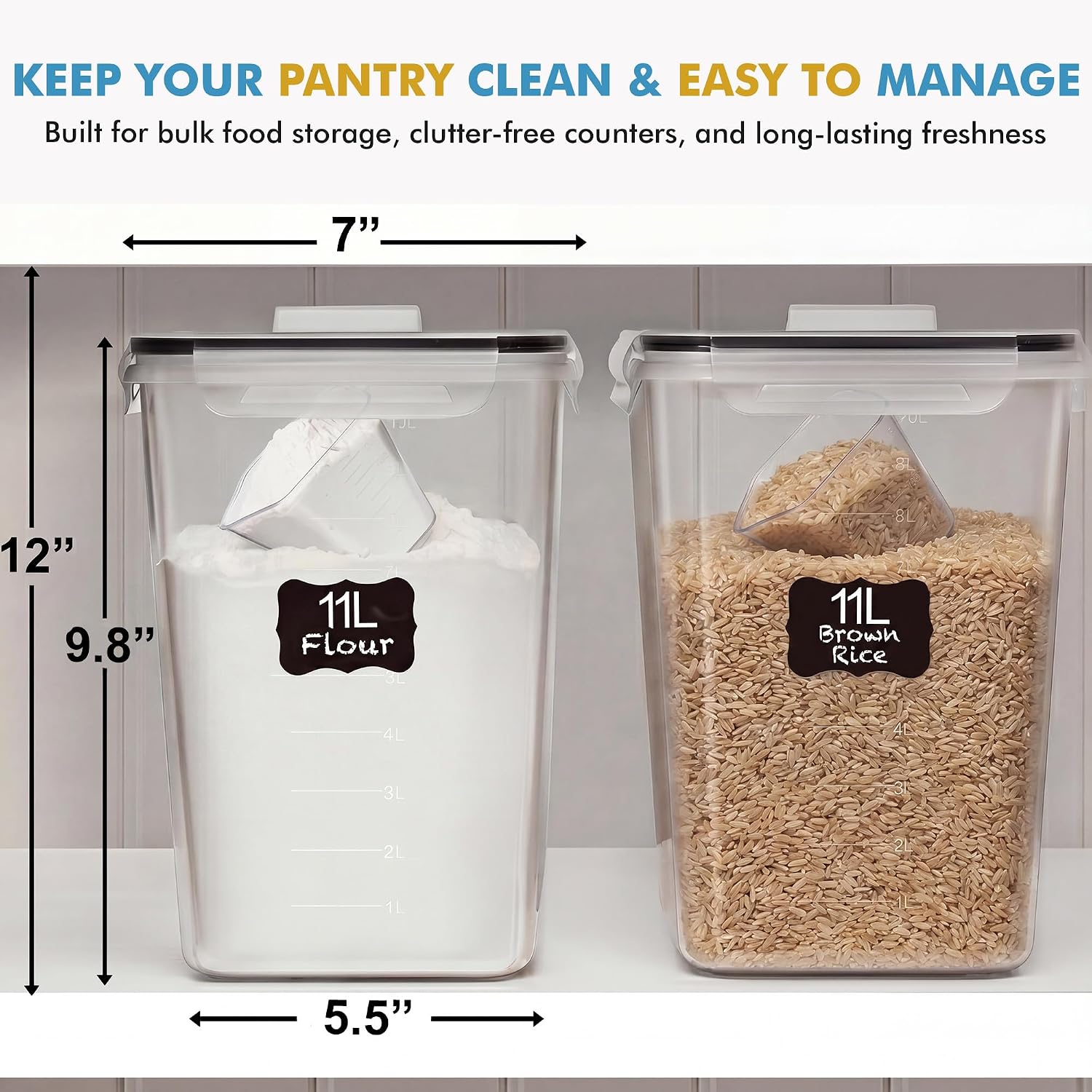 2 PC (11L | 372 oz) Flour Sugar Storage Containers with Spout Lid & Easy Carry Handle - BPA Free Extra Large Airtight Food Storage Containers with Lids - Rice Canisters Sets for Kitchen & Pantry