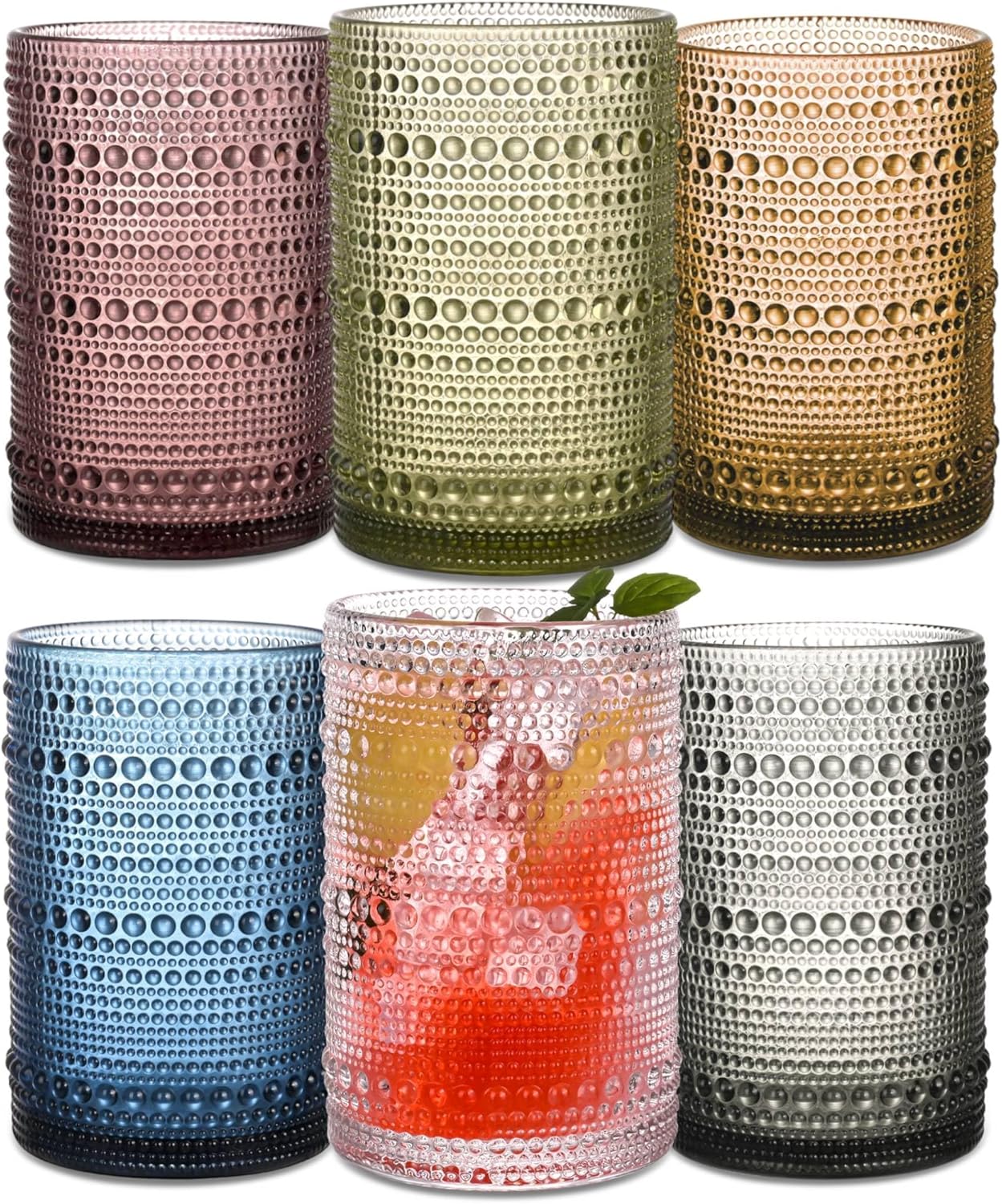 Colored Hobnail Drinking Glasses Set of 6