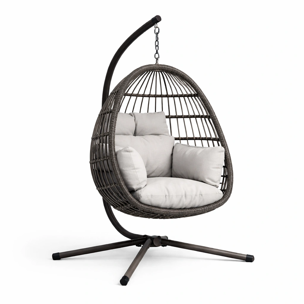 Hängesessel Polyrattan mit Stahlgestell und Polyesterkissen Grau-HOMECRAFTORY